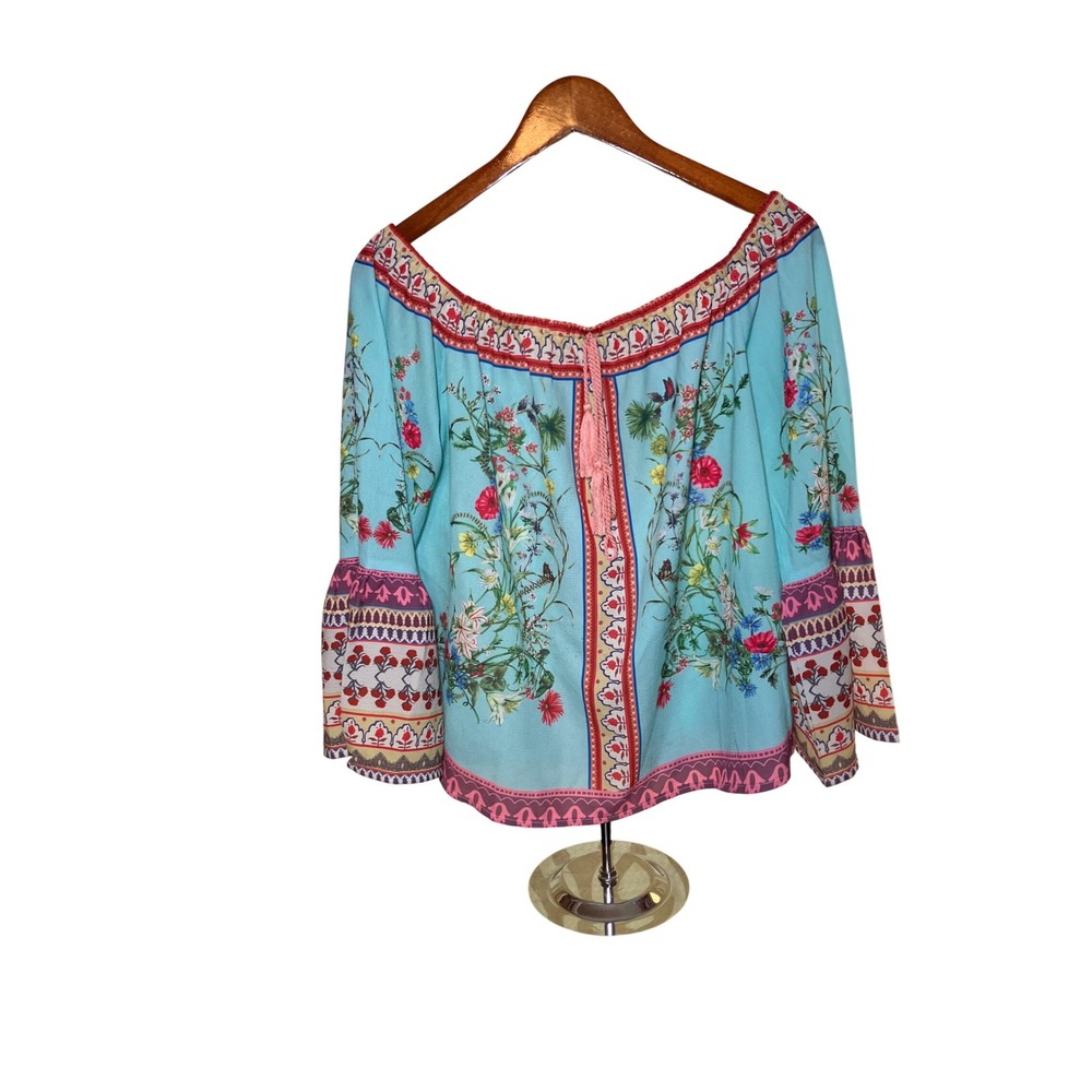 Umgee Off The Shoulder Top Womens Medium Blue Floral Boho Bell Sleeve